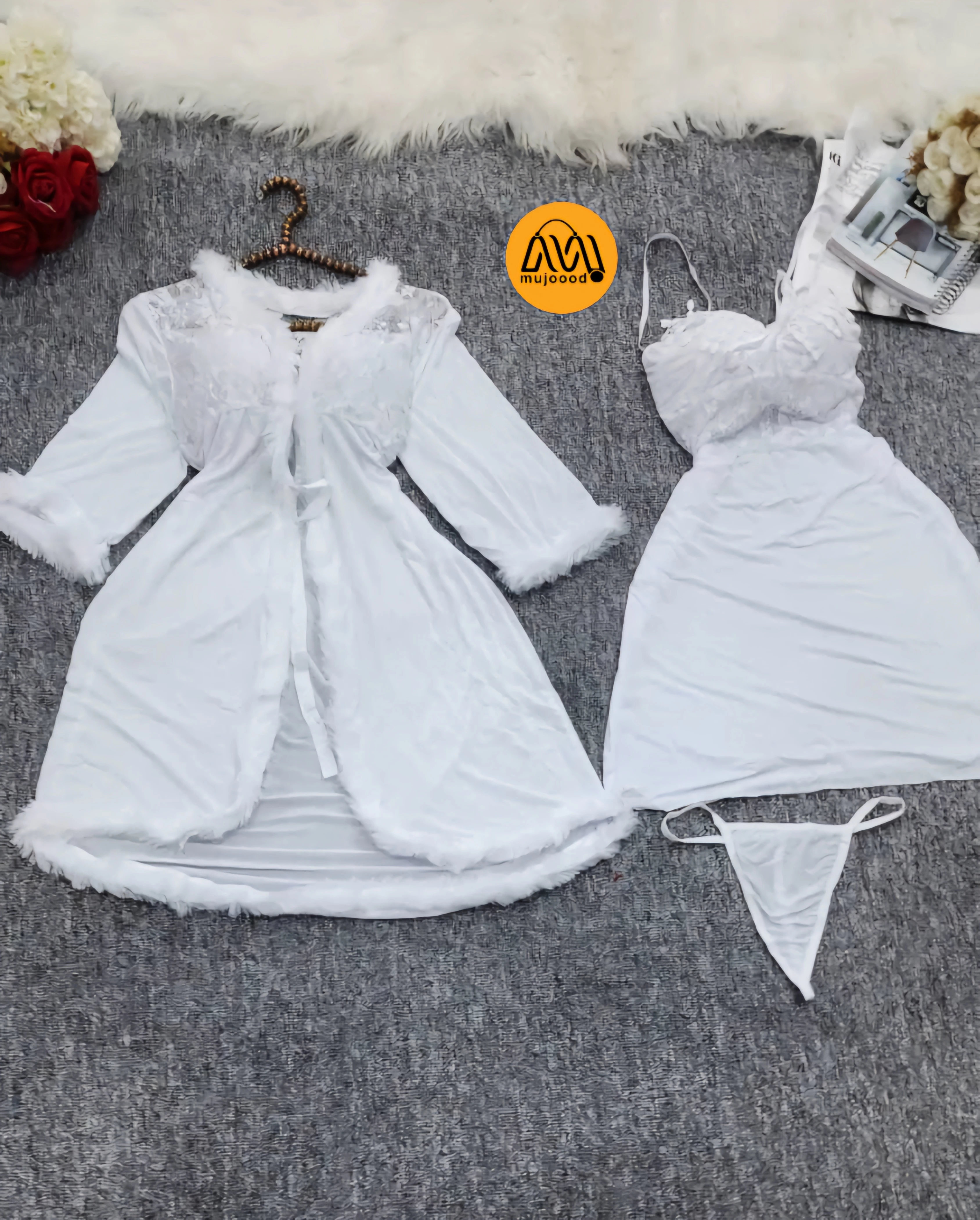 لانجري ليالي العمر ثلاث قطع ستن تركي فاخر شبك دنتل