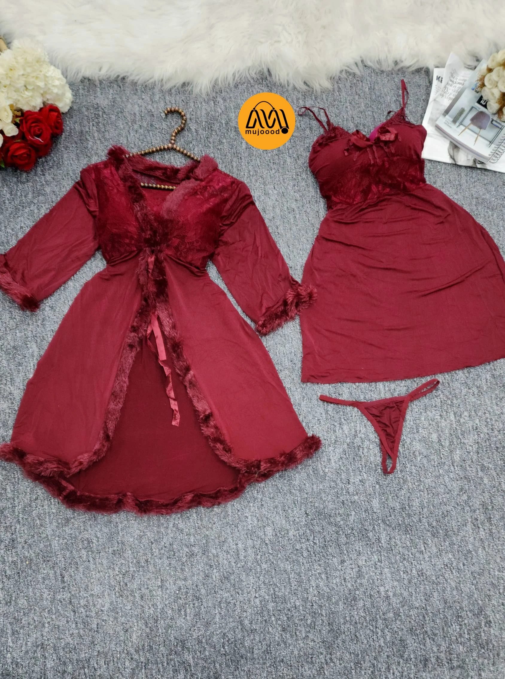 لانجري ليالي العمر ثلاث قطع ستن تركي فاخر شبك دنتل