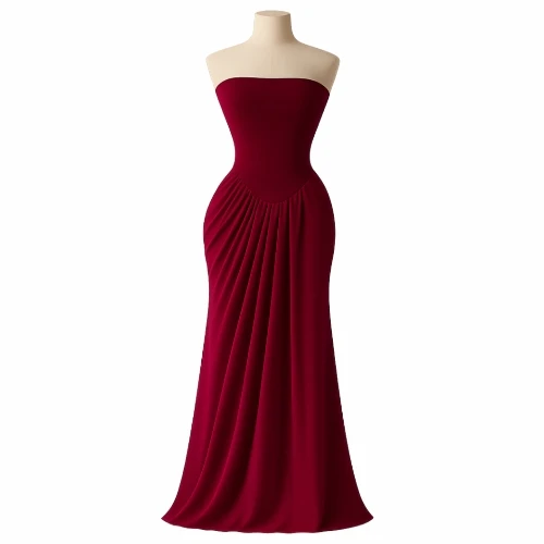 فستان مخمل عنابي سهرات راقي – قصة خصر منحوت وشيفون منفوش