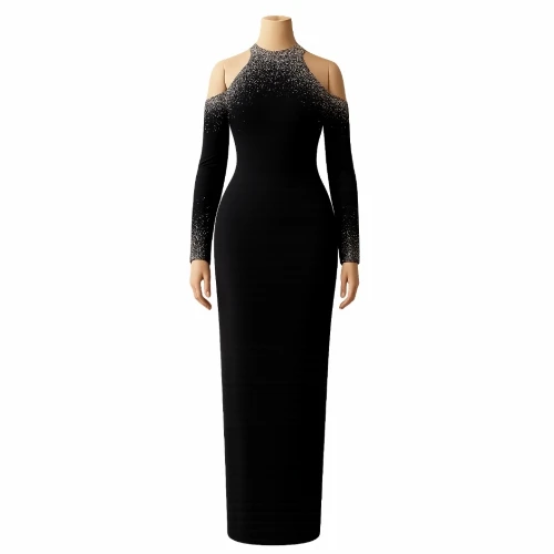 فستان كريب أسود راقي بقصّة الأكتاف المكشوفة وتطريز الماس