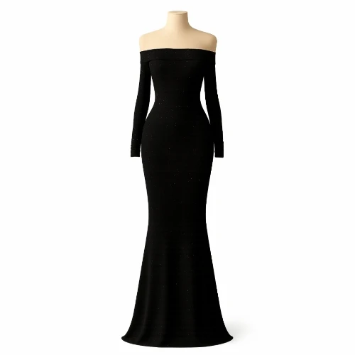 فستان سهرة أسود لمعة – تصميم كتف نازل فخم