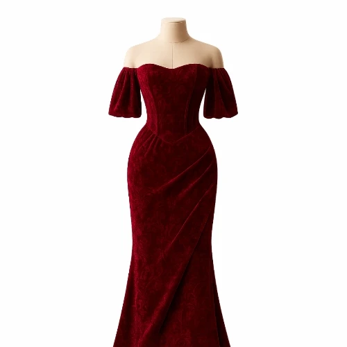 فستان مخمل مورد قصّة كورسية راقية – تصميم ملكي