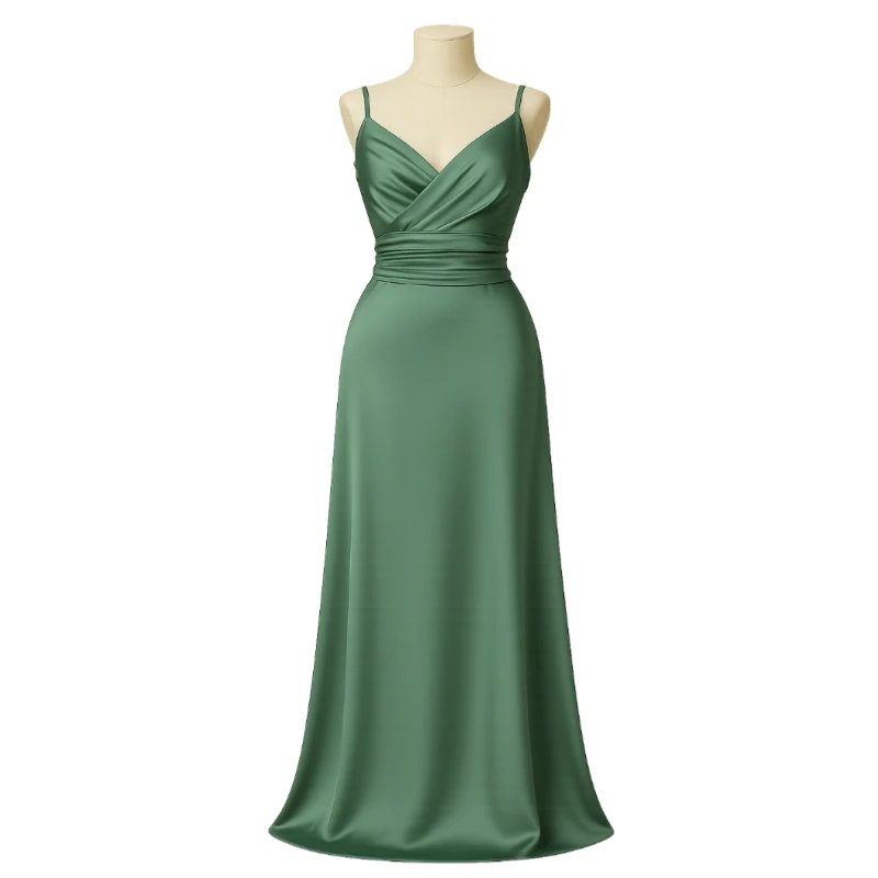 فستان حرير أصلي فاخر بلون الميرل الأخضر – تصميم انسيابي فخم للسهرات