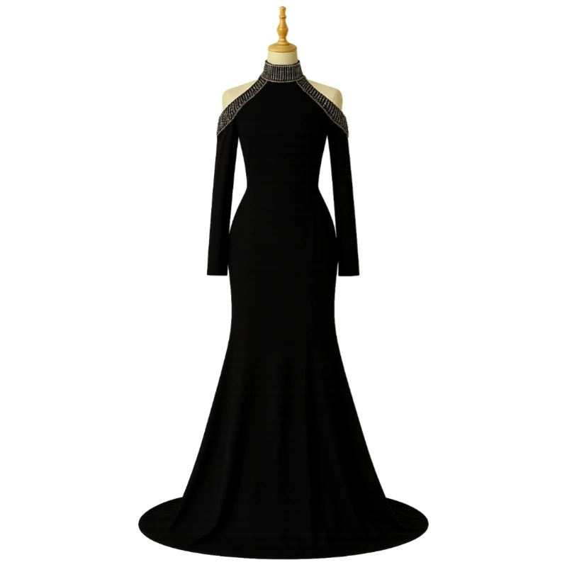 فستان كتان أسود ملكي بتصميم كتف ساقط وتطريز فاخر