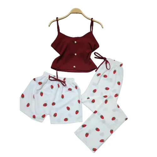 طقم بجايم نسائي ثلاث قطع قطن ناعم – فنيلة علاقي + شورت نص + سروال طويل