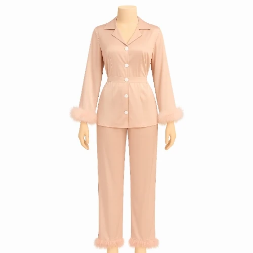 طقم بجائم حرير نسائي عرائسي قطعتين – قميص كم طويل مع ريش وبنطال راقي