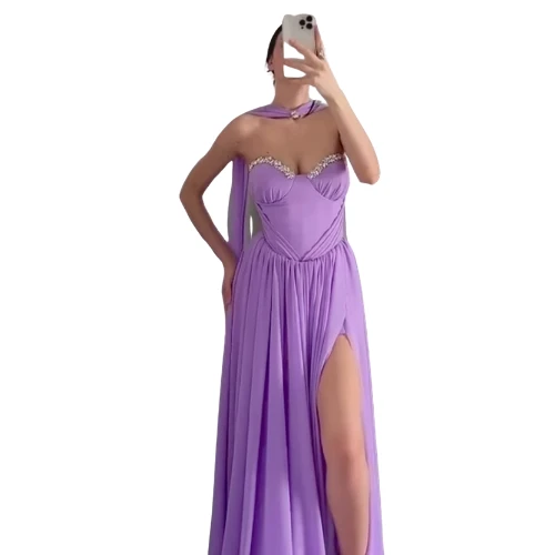 فستان لافندر ملكي بتطريز زركون فاخر