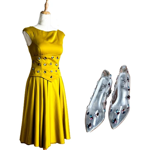 فستان ليموني مطرّز بالكريستال – طقم مع حذاء متناسق