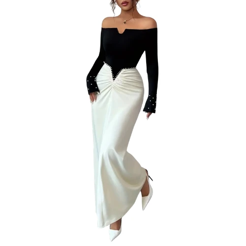 فستان سهرة ثنائي اللون بتطريز أنيق